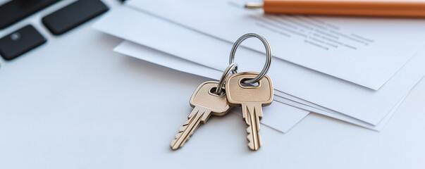 Keys on keyring placed on top of property ownership documents, symbolizing security and new beginnings. scene conveys sense of readiness for new opportunities