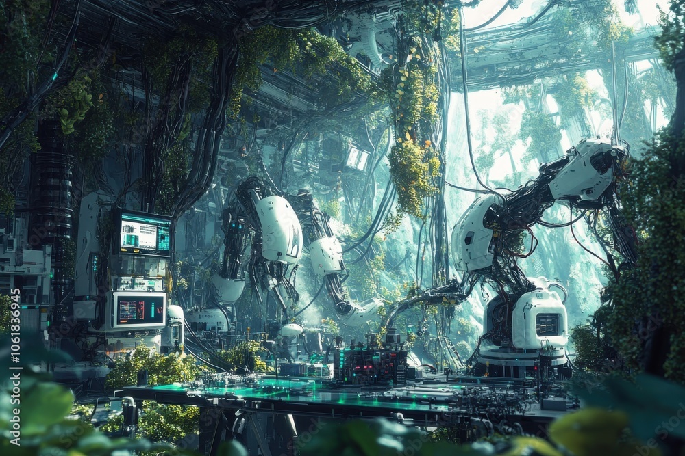 Aufkleber a futuristic lab with robotic arms and lush greenery blending technology and nature in an advanced r