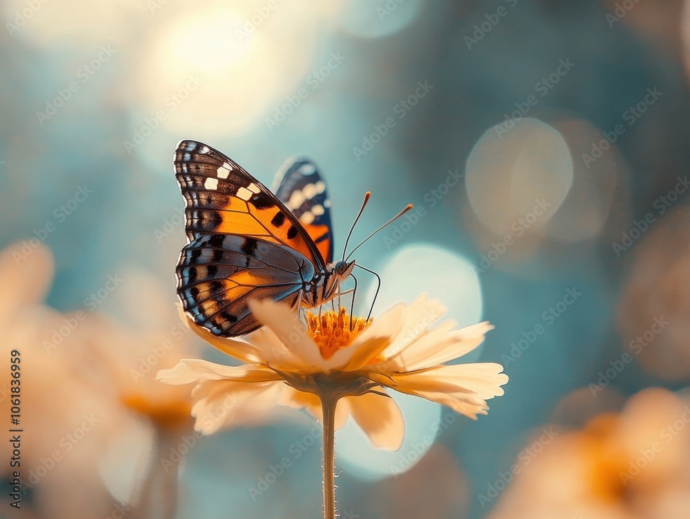 Poster a cheerful butterfly resting on a delicate flower under soft sunlight in a tranquil garden setting