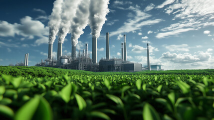 A futuristic carbon capture plant where emissions are drawn from industrial smokestacks into high-tech converters, with the visual transition of CO2 from gas to a safely stored und