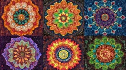 Colorful Tibetan mandala designs with intricate details, symbolizing harmony and cosmic order
