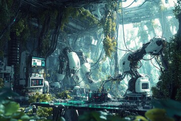 A futuristic lab with robotic arms and lush greenery blending technology and nature in an advanced research facility