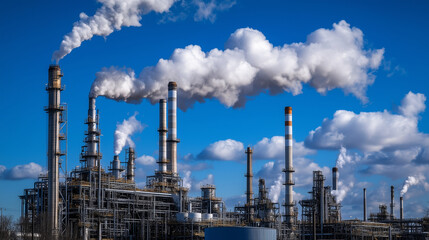 Fototapeta premium A large refinery with carbon capture systems actively pulling CO2 from the air, converting it into a usable form, and sending it into a vast underground reservoir to symbolize CCUS