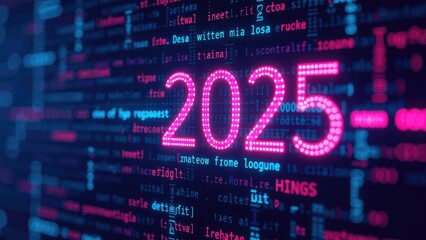 A digital image of a neon sign that reads "2025" against a futuristic technological background. Perfect for illustrating innovation, future trends, and advancements in technology