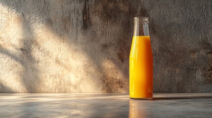 Glass Bottle of Orange Juice on Concrete Counter with Sunlight