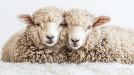 Fototapeta premium Full-Body Image of Male and Female Sheep Standing Side by Side on Clean White Background - Ideal for Agricultural and Animal Imagery