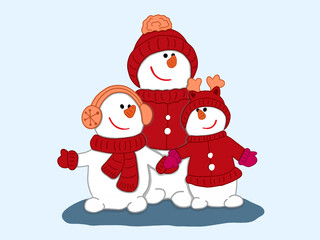 A family of snowmen in Christmas clothes.