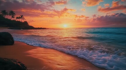 Obraz premium A stunning sunset over the horizon at a tranquil beach with gentle waves and swaying palm trees, creating a serene atmosphere