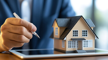 Fototapeta premium person is conducting property risk assessment using model house and tablet. scene conveys professionalism and attention to detail in real estate analysis