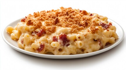 Close-up of Creamy Macaroni and Cheese with Breadcrumbs and Bacon