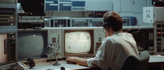 A focused scientist in a retro lab, immersed in analyzing data on vintage screens, surrounded by complex equipment, signifying innovation and inquiry.