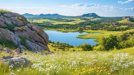 Fototapeta premium A stunning view of the Wichita Mountains captured during a clear day showcasing lush greenery and serene water