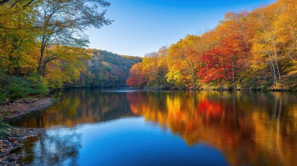 A tranquil river reflecting vibrant fall foliage amidst the colorful trees in a serene landscape during autumn