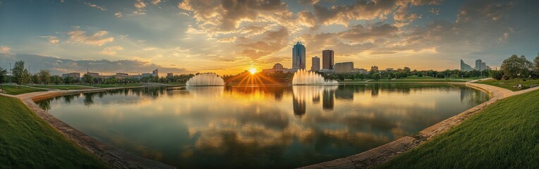 Obraz premium A stunning sunrise over the Scioto Mile with city skyline reflections and vibrant colors illuminating the tranquil waters
