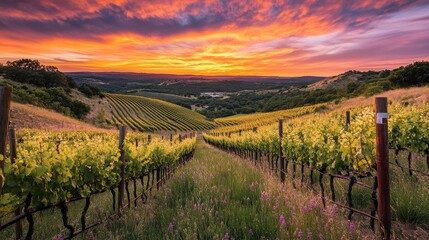 Stunning sunset over the Texas Hill Country vineyards with vibrant skies and lush green hills