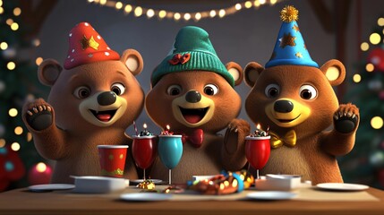 Naklejka premium 3D Cute Cartoon Bears Celebrating New Year's Party