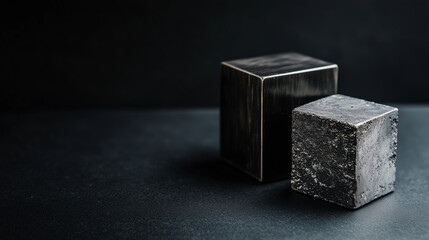 Two heavy metal blocks, one with a brushed steel finish and the other with a rough, matte surface, placed on a plain black background, highlighting the contrasting magnetic materia