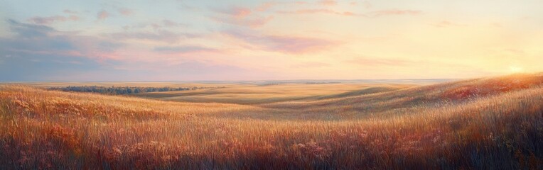 Fototapeta premium A stunning view of the vibrant Flint Hills at sunset, showcasing rolling grasslands and a colorful sky