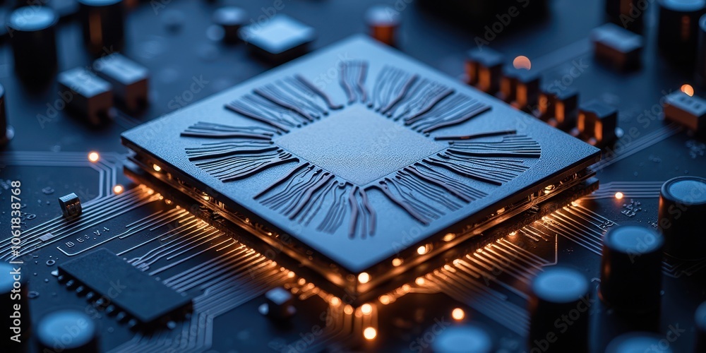 Poster close-up of layered circuit board with central processor