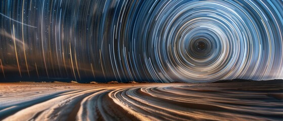 A breathtaking starry night with swirling time-lapse captures, creating celestial vortexes above an expansive desert landscape.