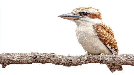 Fototapeta premium Kookaburra Perched on a Branch Isolated Against White Background - Iconic Australian Bird in Natural Stance