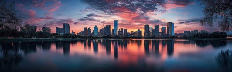 A stunning twilight view of the Dallas skyline reflecting on the calm waters of a nearby lake during sunset