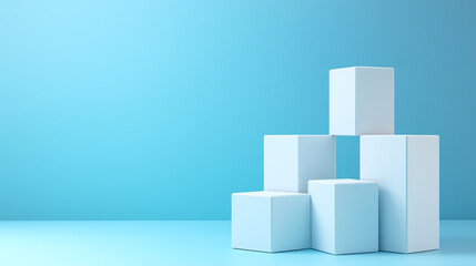 Minimalist white cubes on blue background, ideal for product display or design