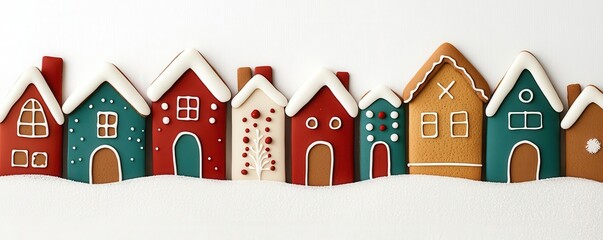 Obraz premium Whimsical gingerbreadlike village in the snow, colorful rooftops and candycane lights, festive and cheerful, fantasy holiday village, 3D illustration