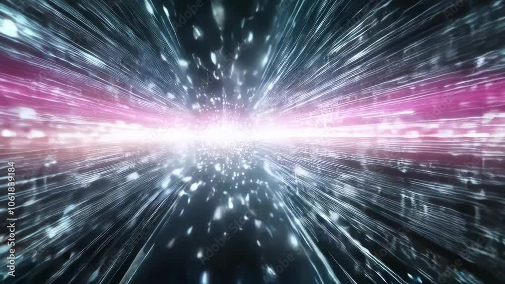 Poster blue particle stream in hyperspace tunnel for technology content. digital data flow concept. visual 