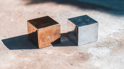 A close-up of two metallic blocks, one polished and the other raw and industrial, resting on a neutral backdrop, symbolizing the magnetic properties of various metals.