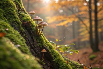 Fototapeta premium Enchanting Tilt-Shift Photography of Autumn Mushrooms on Tree Trunk with Rain Drops and Moss Magical Ambience in Fall Season