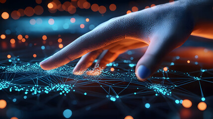 Futuristic hand interacts with digital network