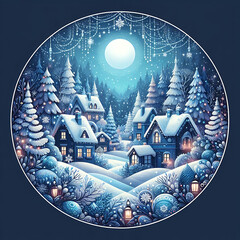 A snowy winter village scene with cozy cottages and twinkling lights makes for a magical Christmas ornament design. Vibrant blues and whites add a frosty, festive touch.