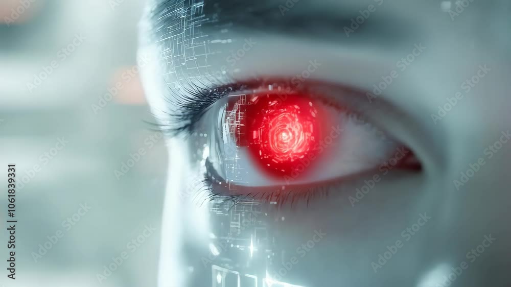 Poster biometric eye scan with red interface and digital circuits for cybersecurity content. human enhancem