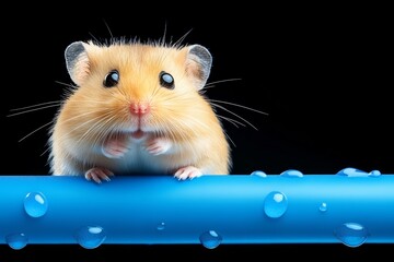 Hamster is looking at the camera with its mouth open. The hamster is on a blue pole