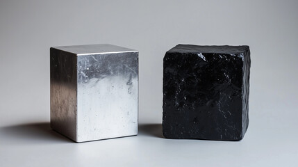 Two heavy metal blocks, one sleek and silver, the other rough and dark, positioned on a neutral background, showcasing the elemental differences between magnetic materials.