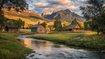 Obraz premium A tranquil afternoon by the creek with classic log cabins under the vibrant sky near the iconic Chief in autumn light