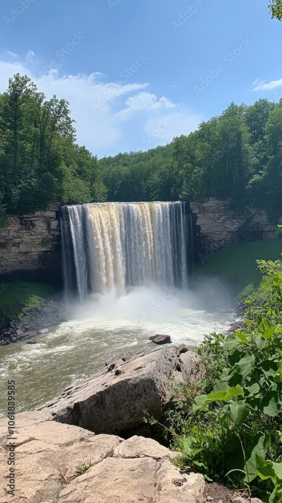 Poster a stunning view of cumberland falls cascading over cliffs surrounded by lush greenery on a sunny day