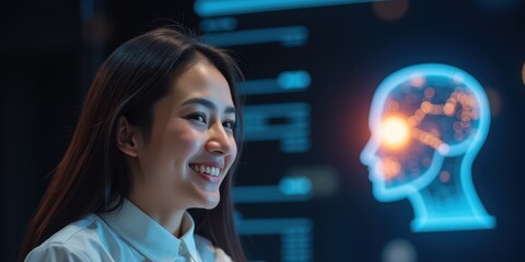 Smiling Woman in Virtual Space with AI Visualization