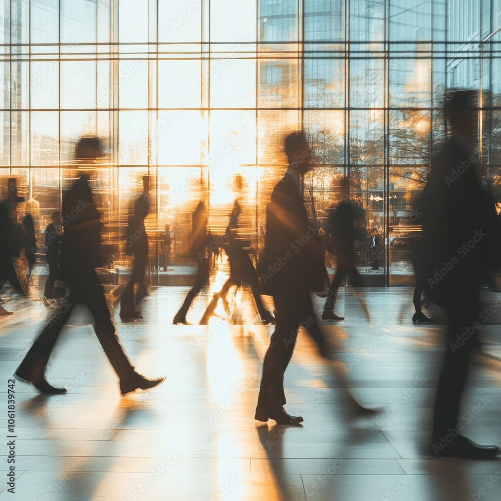 Poster people in business attire walking through a bustling office lobby during sunset, creating a dynamic 