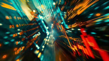 Blurred motion of stock market data and digital lights.