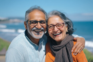 An elderly Indian couple smiling in glasses against the backdrop of a seaside landscape.
