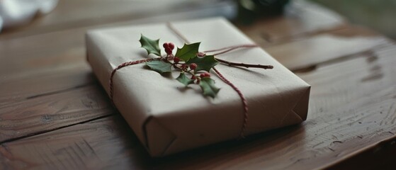 A simple gift wrapped in brown paper, adorned with a sprig of holly and tied with rustic red twine, resting on a wooden table.