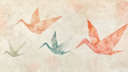 Japanese origami crane pattern with delicate lines and subtle colors, symbolizing peace and longevity