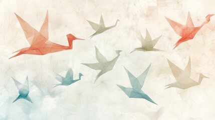Japanese origami crane pattern with delicate lines and subtle colors, symbolizing peace and longevity