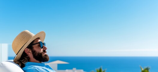 Man with a hat and sunglasses is sitting on a white chair by the ocean. The sky is blue and the water is calm. The man is enjoying the view and the peaceful atmosphere
