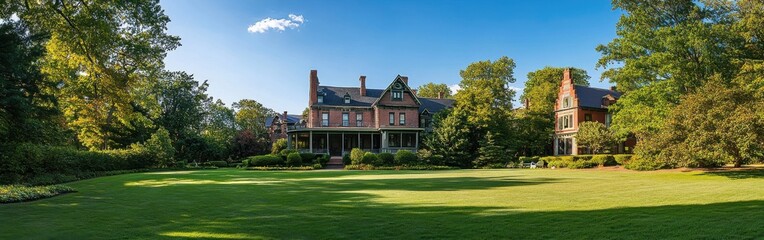 A serene afternoon at the historic grounds of a charming mansion surrounded by lush greenery and clear blue skies