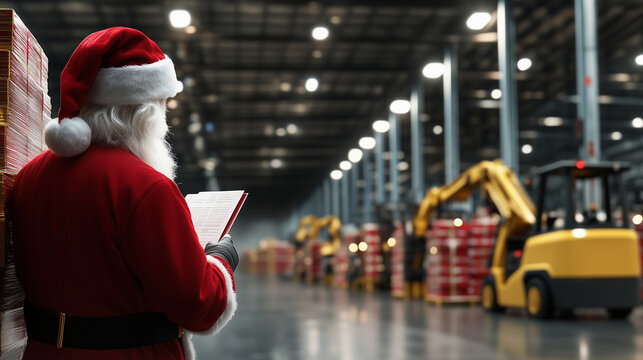 Santa stands near a towering stack of red and gold presents, reviewing a manifest while forklifts and robotic arms work in the background of the warehouse, symbolizing the complex