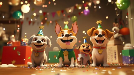 3D Cartoon Dogs Celebrating New Year's Party Fun