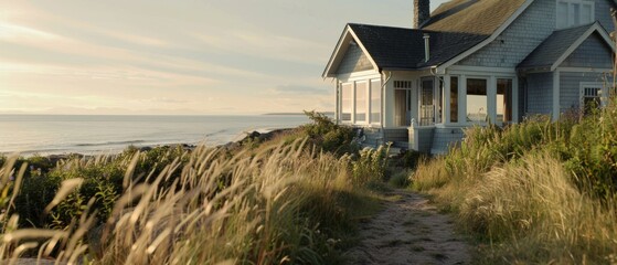 A charming coastal house sits surrounded by tall grasses, overlooking the serene ocean under a dreamy, soft light.